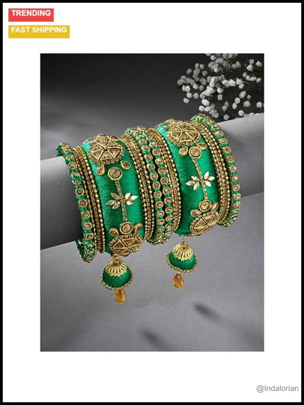 Faux Stone Studded Silk Thread Bangle Chuda Set with Jhumki Tassel Indian